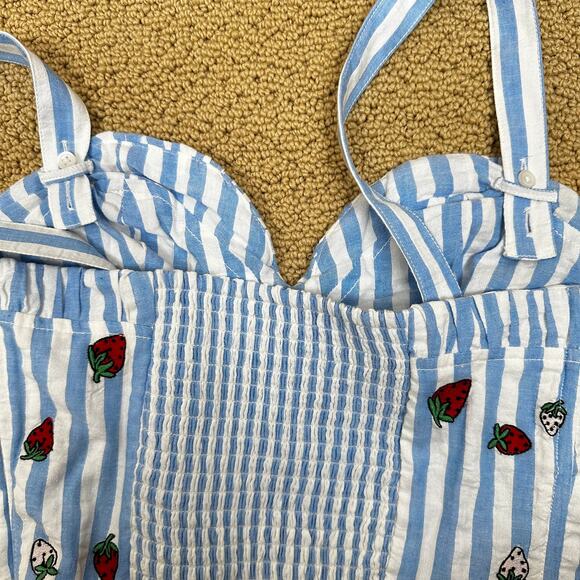 Maeve Anthropologie Striped Embroidered Strawberry Cami Top Blue 4 Coquette - Picture 11 of 15